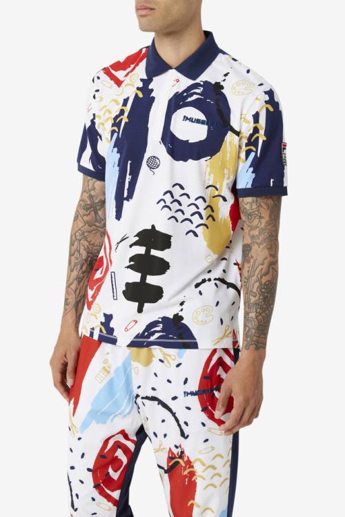 Fila X The Museum Printed Miesten Pikeepaita Valkoinen Laivastonsininen Punainen | Fila782DY