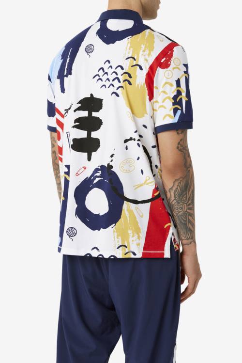 Fila X The Museum Printed Miesten Pikeepaita Valkoinen Laivastonsininen Punainen | Fila782DY