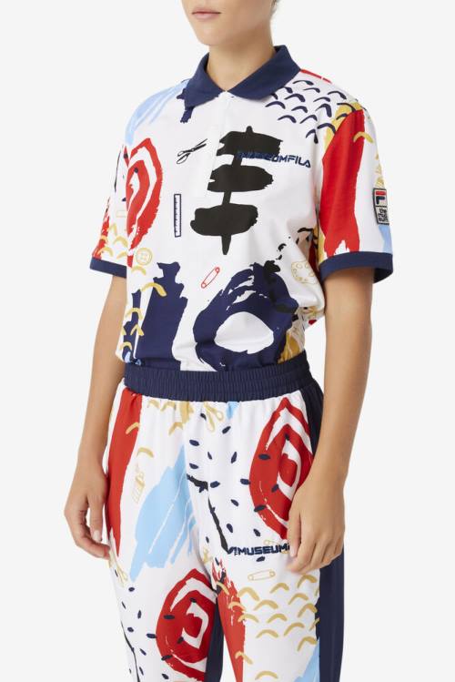 Fila X The Museum Printed Miesten Pikeepaita Valkoinen Laivastonsininen Punainen | Fila782DY